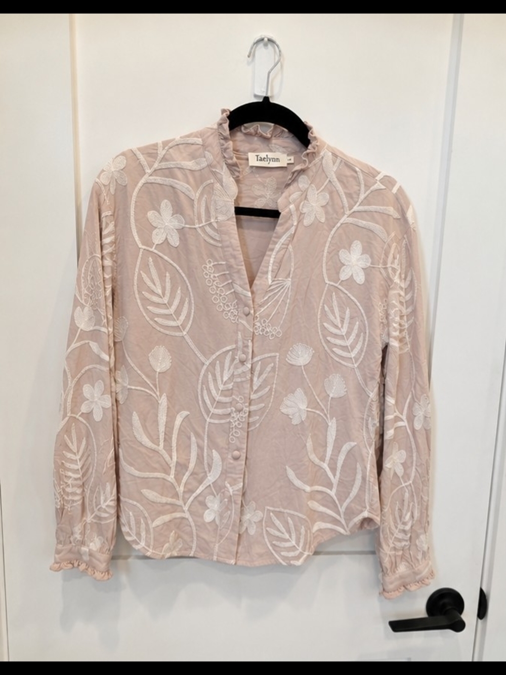 Blush Embroidered Ruffle-Trim Button Blouse